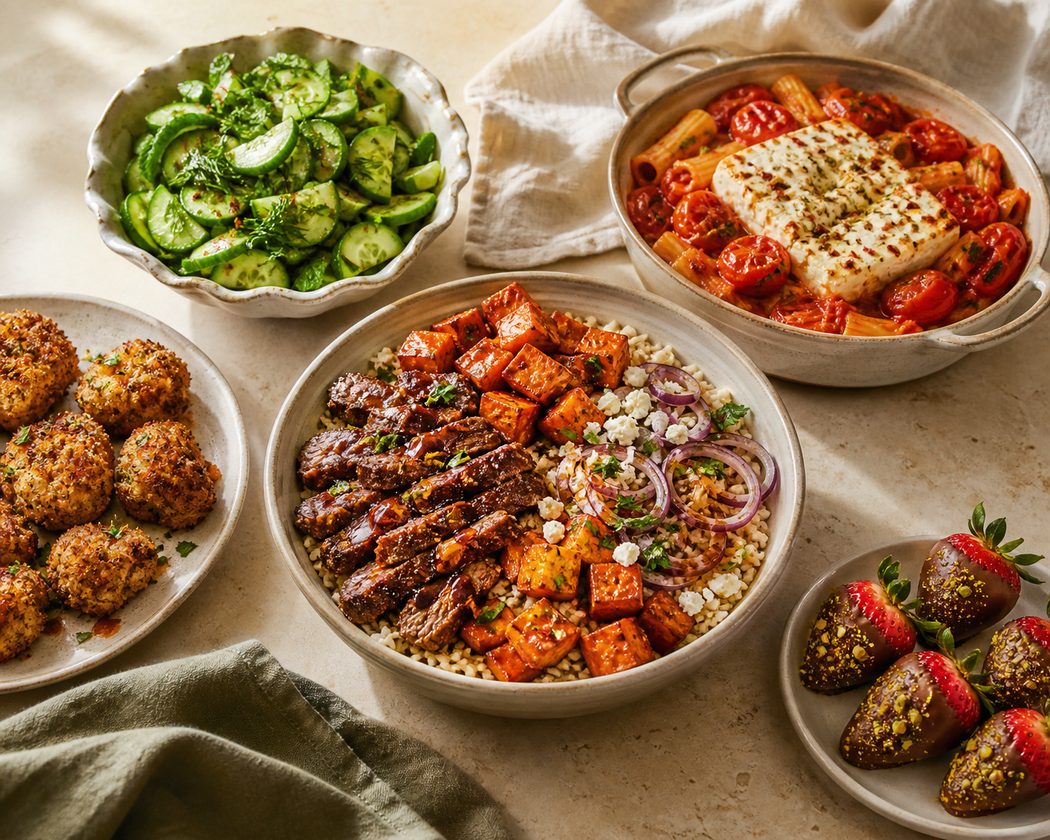 Warm editorial table with several finished Cravefile dishes